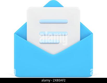 Message in blue 3d envelope. Marketing volumetric sheet of paper with text. Read document online and digital communication. Business news and invitati Stock Vector