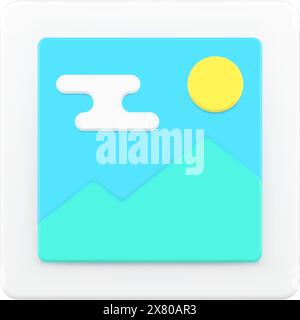 Picture 3d realistic icon. Abstract picture with green hills and yellow sun. Minimalistic floating white cloud. Digital printout of simple geometric e Stock Vector