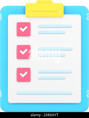 Folder tablet with tests 3d icon. Questionnaire sheet with text and marked check marks. Information document for recruitment and resume. Quiz with not Stock Vector