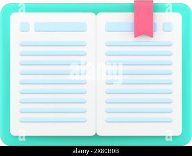 Open book with bookmark 3d icon. Textbook with green cover and red folded ribbon. Blue lines abstract scientific text on white pages. Notebook with no Stock Vector