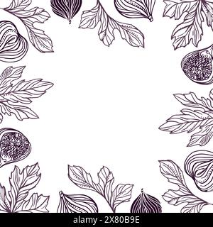 Figs square frame. With space to insert your text. Fruits and leaves. Vector illustration in graphic style. For cards, invitations, food and cosmetic Stock Vector