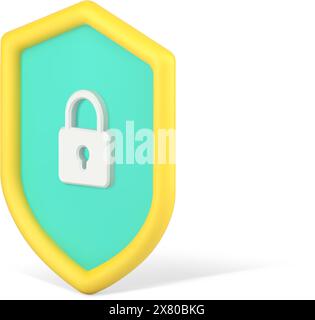Web padlock on shield 3d icon. Safe and protection of users personal data. Online antivirus and firewall to block hacker break ins. Checking data on s Stock Vector