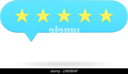 Blue rating bubble with five stars 3d icon. Positive vote of satisfied customers. Online survey among users with appraisal. Characteristics of buyers Stock Vector