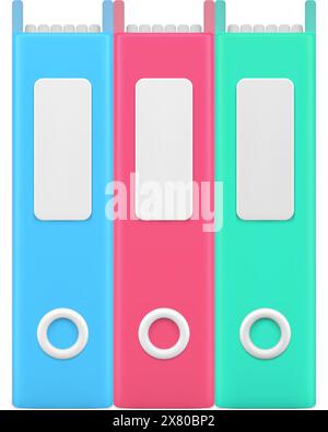 Stationery folders for documents 3d icon. Bundle color archives with business information. Storage of annual reports and recording projects. Office ca Stock Vector