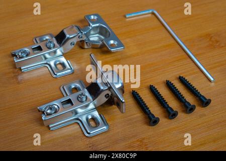 DIY equipment Tools on bamboo plywood background with soft closing hinges, screw, hex key Stock Photo