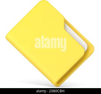 Office yellow folder with papers 3d icon. Closed plastic file with documentation. Stored working data in special directory. Collected online portfolio Stock Vector
