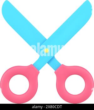 Stationery scissors 3d icon. Sharp tool with red handles for cutting paper and fabric. Classic equipment for hairdressers and barbershops. Essential a Stock Vector