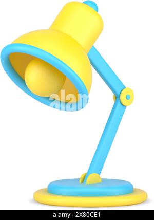Table lamp with light bulb 3d icon. Volumetric equipment on blue leg. Interior design for lighting workplace at home and in office. Business spotlight Stock Vector