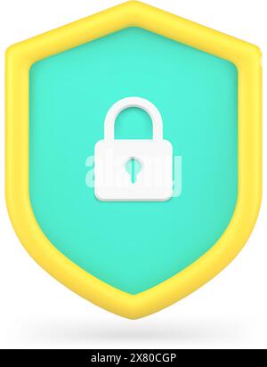 Security lock on shield 3d icon. Online safe and protection of users personal data. Antivirus and firewall to block hacker break ins. Checking data on Stock Vector