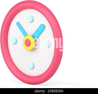 Minimalistic round clock side view 3d icon. Volumetric wall timer with blue arrows. Red creative watch face for home and office use. Symbol deadline a Stock Vector