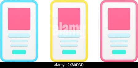 Mobile websites templates 3d icon. Online applications with digital color interface. Web menu for purchases and money transfers. Marketing pages for o Stock Vector