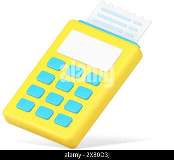 Minimalistic yellow terminal for checks 3d icon. Service equipment for printing cash receipts. Volumetric device with blue buttons for financial repor Stock Vector