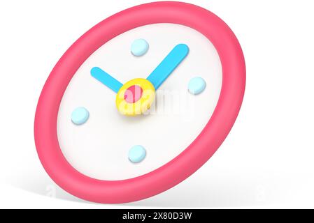 Minimalistic round clock 3d icon. Red wall timer with blue arrows. Design with creative watch face for home and office use. Business symbol of deadlin Stock Vector