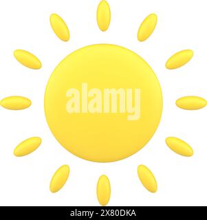 Minimalistic sun 3d icon. Yellow symbol of hot summer and bright weather. Warm abstract rays of upcoming vacation. Voluminous glowing star of natural Stock Vector