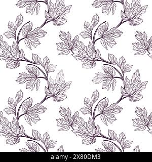 Figs seamless pattern. Curved branches with leaves. Vector illustration in graphic style. For cards, invitations, food and cosmetic packaging, covers, Stock Vector