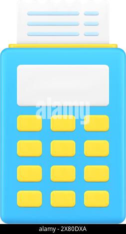 Portable device for printing receipts 3d icon. Blue terminal for issuing cash receipts. Equipment with yellow buttons for financial reporting and tax Stock Vector