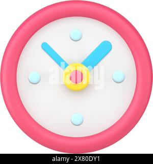 Red wall round clock 3d icon. Minimalistic timer with blue arrows. Volumetric creative watch face for home and office use. Business symbol of deadline Stock Vector