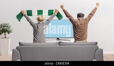 Rear view shot of two elderly men watching football match on tv and jumping from sofa Stock Photo