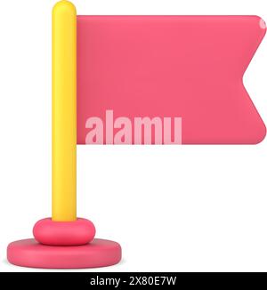 Red flag on rack 3d icon vector illustration. Symbol of achievement, distance finish, patriotism, tag fix attach isolated. Location pinned pointer imp Stock Vector