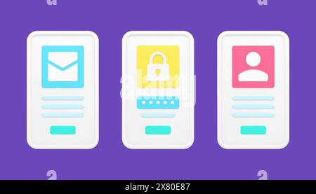 Mobile applications for protecting user data 3d icon. Email notification about authorization and password verification. Interface for secure online lo Stock Vector