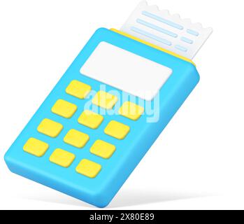 Blue terminal for printing receipts 3d icon. Device for issuing cash checks. Banking equipment with yellow buttons for financial reporting and tax pay Stock Vector