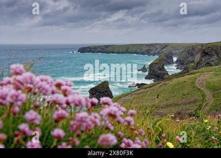 The coastline at Bedruthan Steps North Cornwall on a stormy spring day England UK Stock Photo