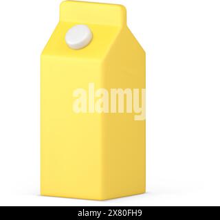 Realistic 3d icon minimalist juice yellow cardboard box with cap isometric vector illustration. Orange fresh vitamin beverage package nutrition liquid Stock Vector