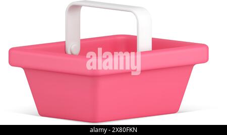 Red supermarket basket with handle isometric 3d icon vector illustration. Plastic shopping cart for carrying goods purchasing at store isolated. Symbo Stock Vector