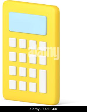Yellow electronic counting machine device with display and white buttons 3d icon isometric vector illustration. Modern calculator badge for accounting Stock Vector