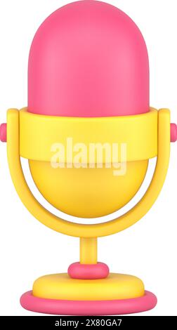 Audio microphone for loud voice speaking 3d icon vector illustration. Vintage studio mic on rack device for broadcasting or recording audio sound isol Stock Vector
