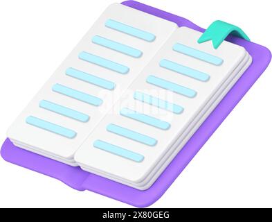 Violet open paper textbook text page bookmark diagonally placed educational knowledge 3d icon realistic vector illustration. Isometric notebook notepa Stock Vector