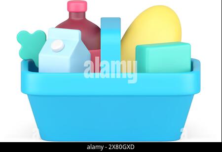 Food and drink grocery market shopping basket side view realistic 3d icon vector illustration. Supermarket cart full of fresh high quality products pu Stock Vector