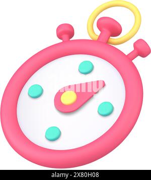 Pink isometric circle analogue timer for accuracy deadline measurement 3d icon decorative design vector illustration. Red classic mechanical stopwatch Stock Vector