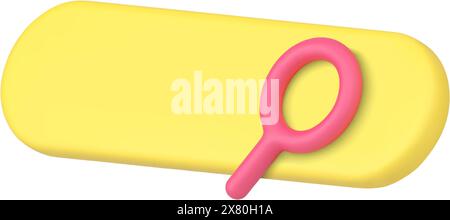 Yellow glossy website browser diagonal magnifying glass diagonal placed 3d icon vector illustration. Realistic internet searching bar digital text fie Stock Vector