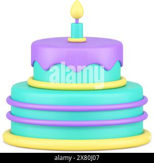 Sweet festive cake anniversary celebration candy delicious one burning candle realistic 3d icon vector illustration. Bright glossy appetizing pie dess Stock Vector