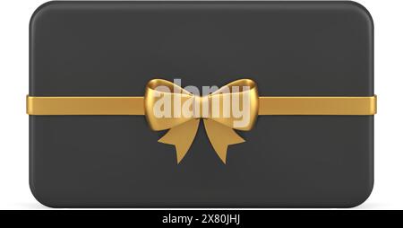 Brutal black gift card horizontal slim container golden ribbon bow realistic template 3d icon vector illustration. Trendy glossy rectangle present pac Stock Vector