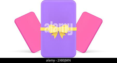 Purple glossy rectangle gift card with yellow bow ribbon realistic 3d icon vector illustration. Sale discount loyalty or shopping coupon card. Stock Vector