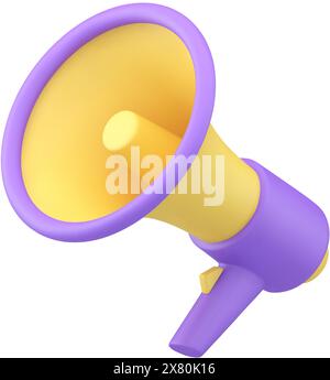 Megaphone bullhorn modern electronic loudspeaker realistic 3d icon vector illustration. Loud sound speaker communication public message purple yellow Stock Vector
