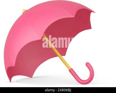 Pink glossy waterproof umbrella with wooden curved handle for carrying rain sun protection realistic 3d icon vector illustration. Bright parasol meteo Stock Vector