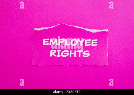 Employee rights words written on ripped paper with pink background. Conceptual employee rights symbol. Copy space. Stock Photo