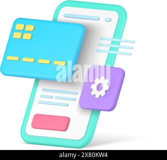 Mobile phone payment application credit card e money transfer online shopping processing realistic 3d icon vector illustration. Smartphone commerce ba Stock Vector