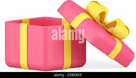 Squared Christmas present pink wrapped package decor design realistic 3d icon vector illustration. Holiday congratulations gift box with yellow bow ri Stock Vector