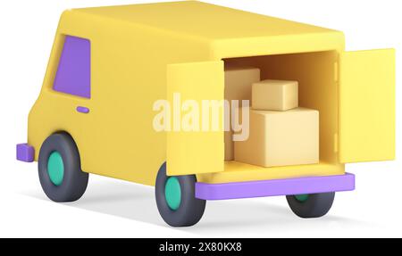 Cargo minivan yellow automobile open doors full of cardboard package back side view realistic 3d icon vector illustration. Freight distribution logist Stock Vector