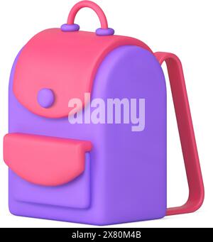 Backpack schoolbag for school supplies carrying and travel childish pupil luggage realistic 3d icon isometric vector illustration. Purple pink rucksac Stock Vector
