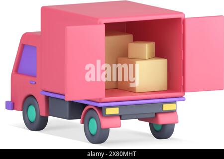 Cargo courier express delivery pink truck with open doors full of cardboard boxes parcel realistic 3d icon vector illustration. Freight logistic van m Stock Vector