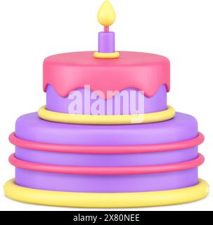 Birthday cake premium two tier candy covered by melting glaze with one burning candle anniversary celebration 3d icon vector illustration. Sweet icing Stock Vector