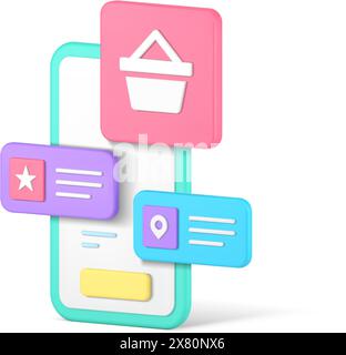 Online shopping goods delivery purchase store smartphone application user interface buttons realistic 3d icon vector illustration. Internet retail bus Stock Vector