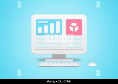 Statistical charts in online application 3d icon. Infographic analysis marketing and business information. Investment statistics website and profit in Stock Vector