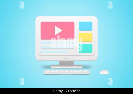 View video content online 3d icon. Website on monitor screen for viewing and creating blogs and entertainment films. Profit from advertising and socia Stock Vector