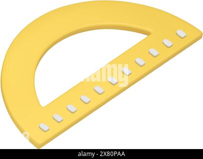 Yellow architecture drafting protractor curved plastic geometric corner ruler measurement realistic 3d icon vector illustration. Mathematics scale eng Stock Vector